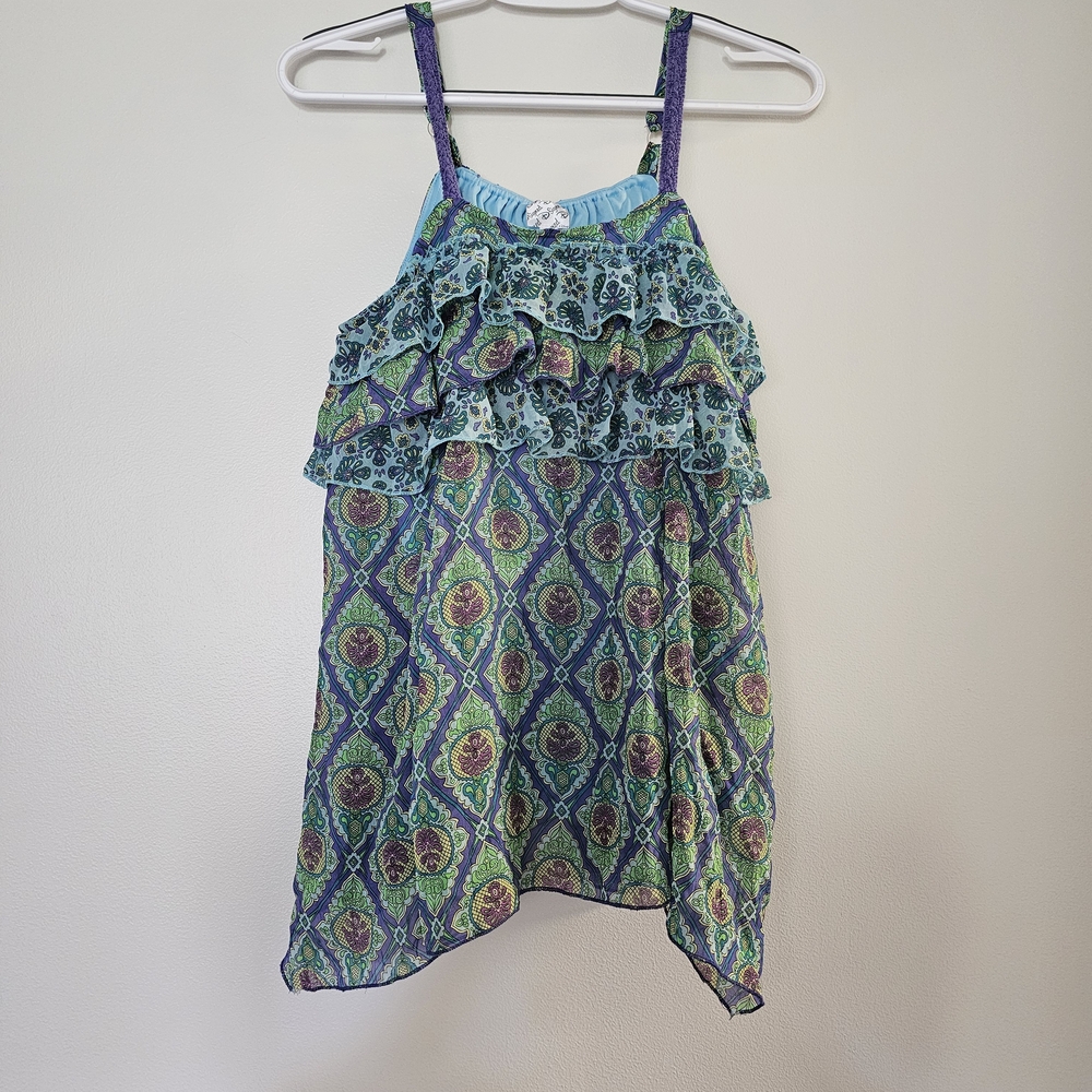 D-Signed Green Blue Tank Boho Paisley Multicolor Y2K Asymmetrical XL Ruffle